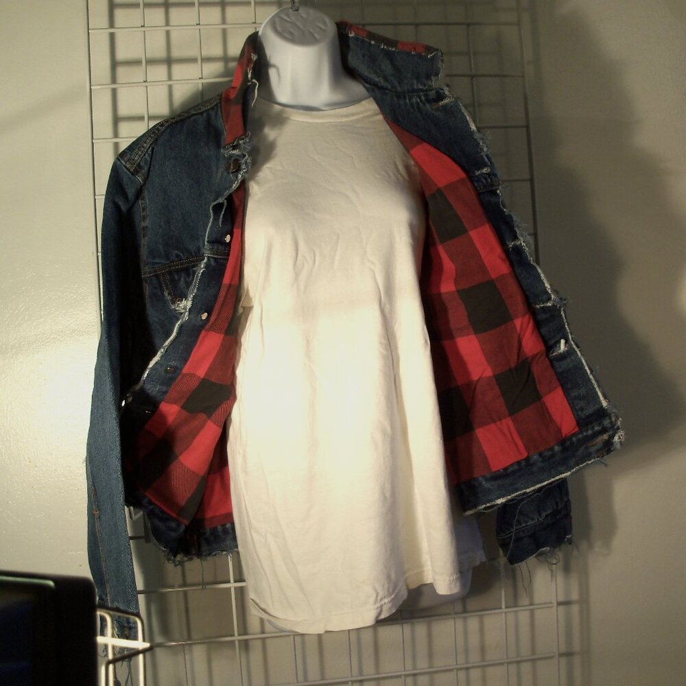GENERATION ONE Distressed Denim Jacket with Plaid Flannel Lining
